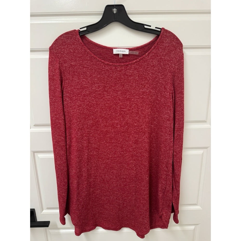 Calvin Klein Women Medium Red Knit Top Long Sleeve Rayon Spandex High Low Hem